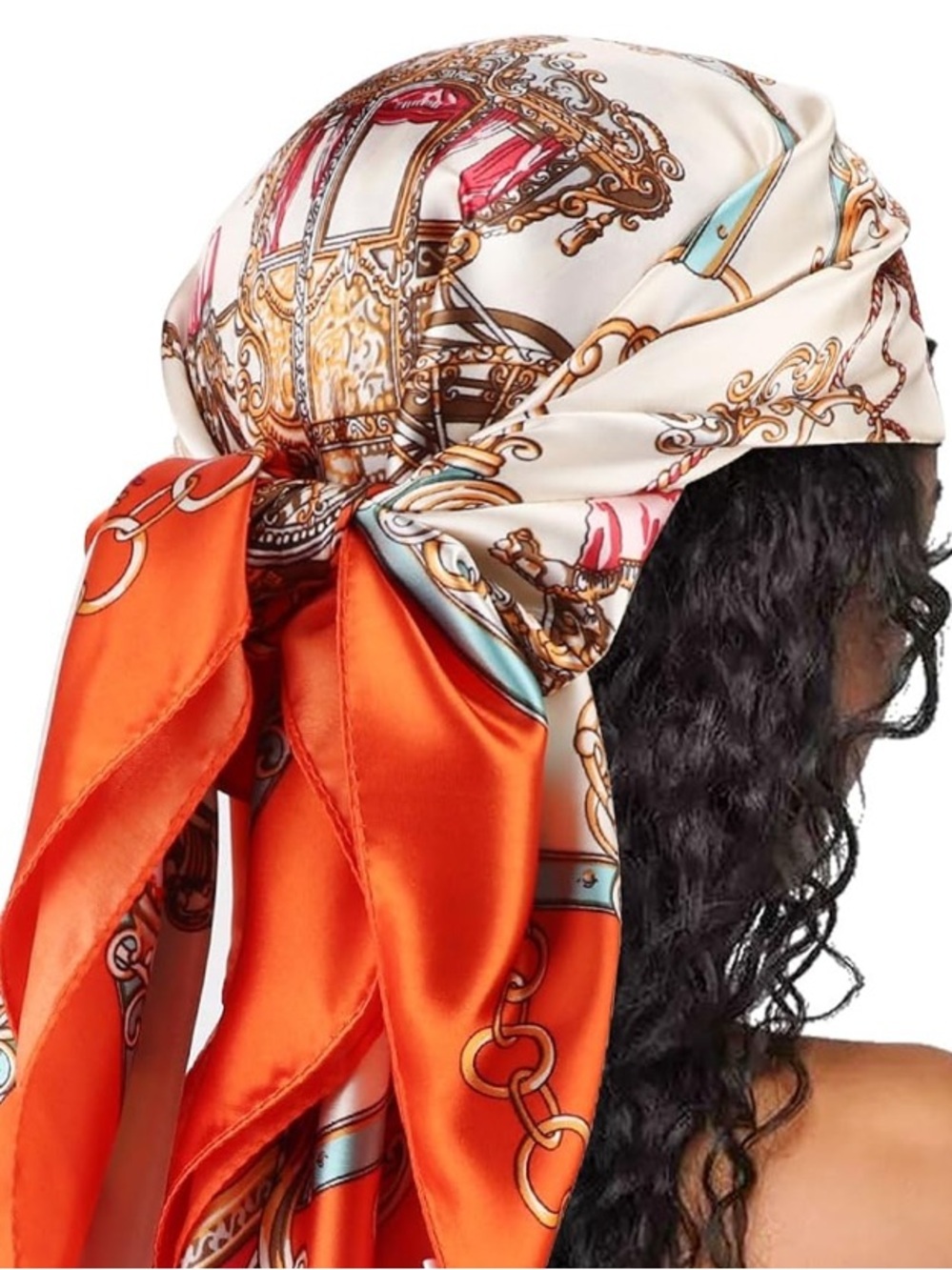 Dreshow 35" Square French Luxury Satin Scarf with Vintage Carriage Motif